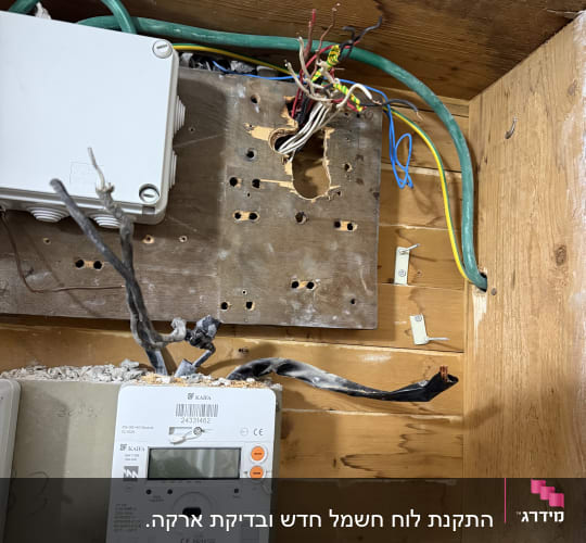 תמונה של לוח חשמל עם חוטים חשופים ומונה חשמל